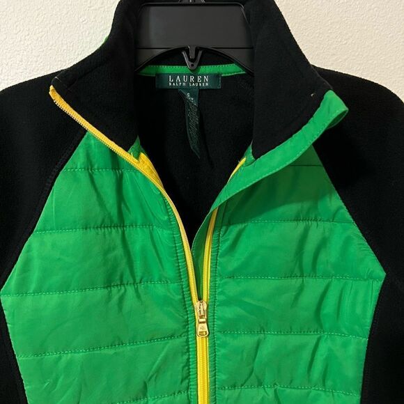 Lauren Ralph Lauren Women's Black/Green Fleece Puffer Front Jacket Small - Picture 2 of 6